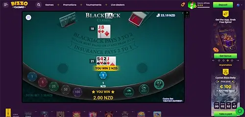 Blackjack at Bizzo Casino
