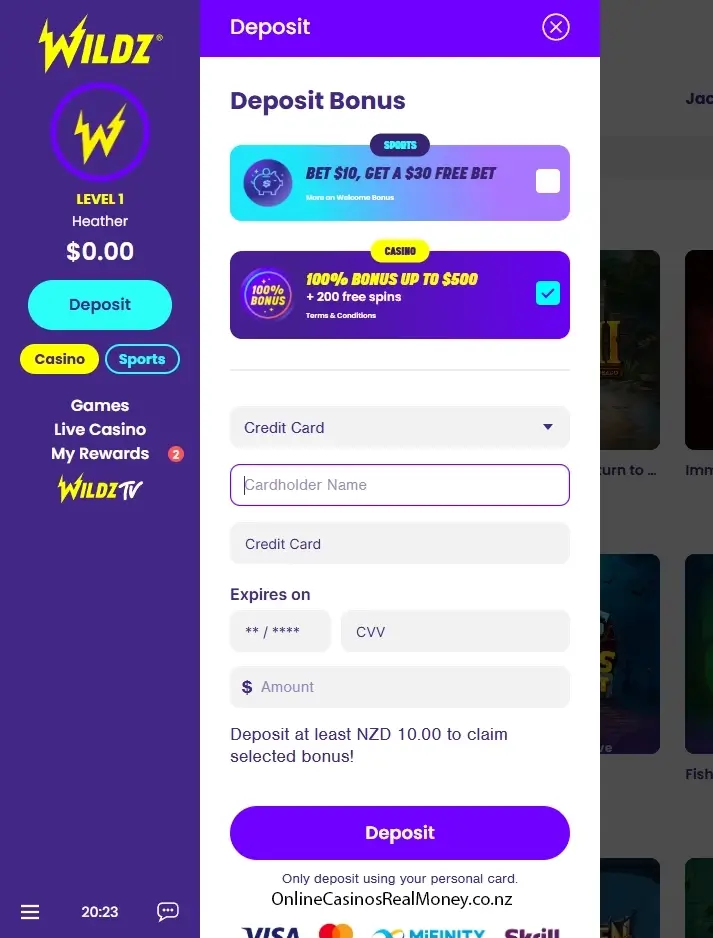 Select bonus and deposit method